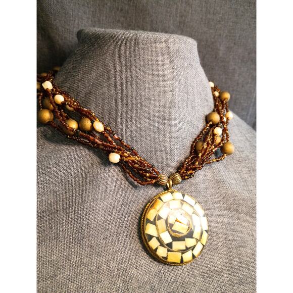 Mosaic Bone Brass Pendant Vintage Jewellery - Picture 3 of 5